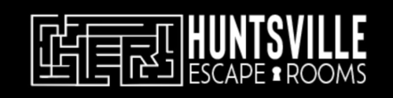 Logo with maze design on left and text 'Huntsville Escape Rooms' on right.